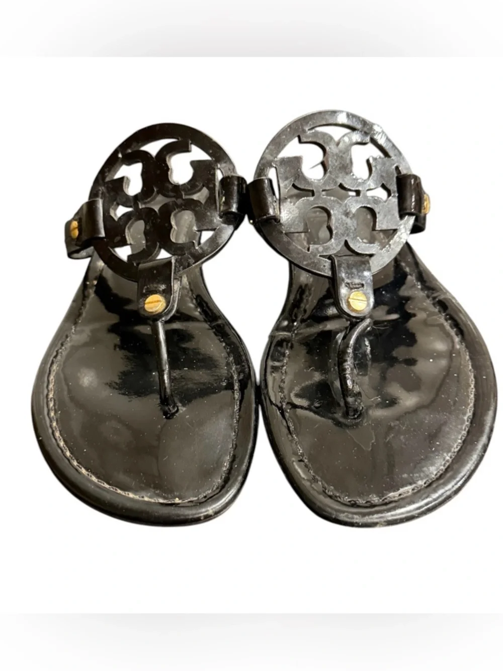 Tory Burch Black Patent Logo Thong Sandals with Gold Accents size 8